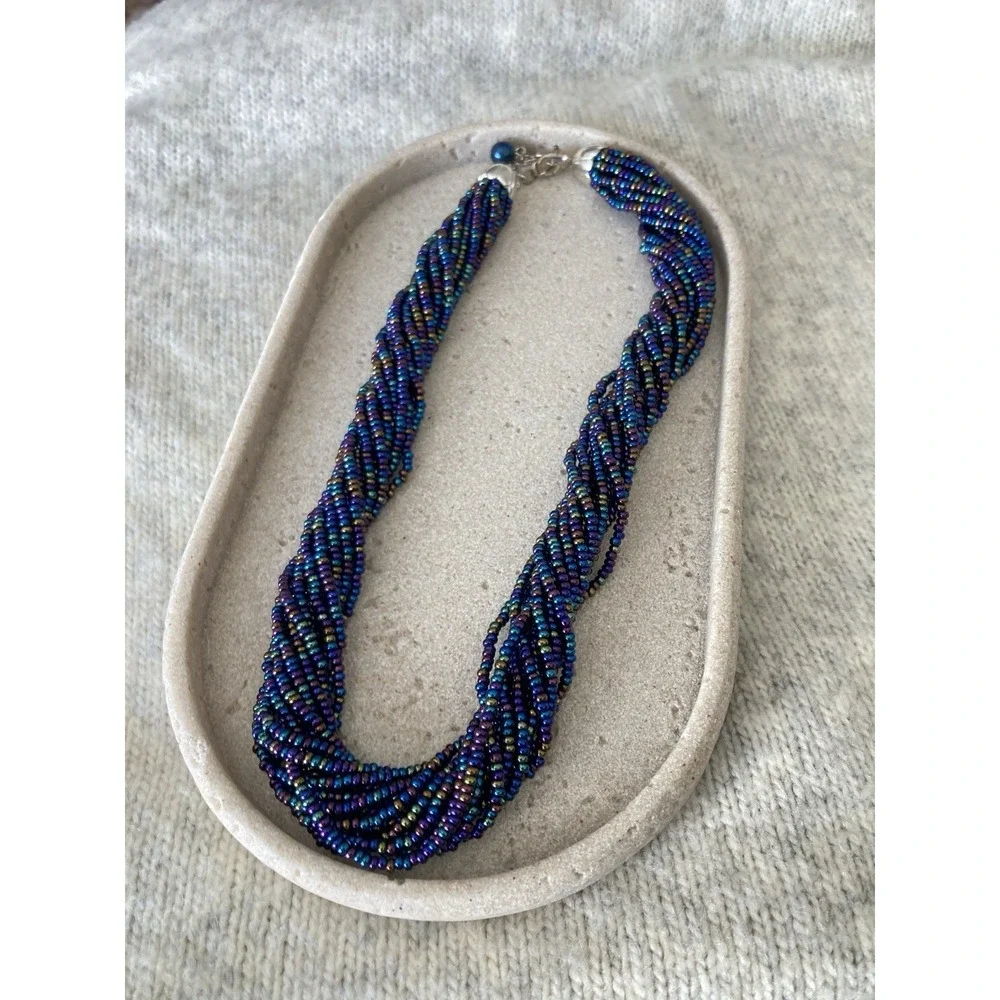 Iridescent Seed Bead Necklace‎ Multi Strand Twisted Peacock Blue Purple Chunky